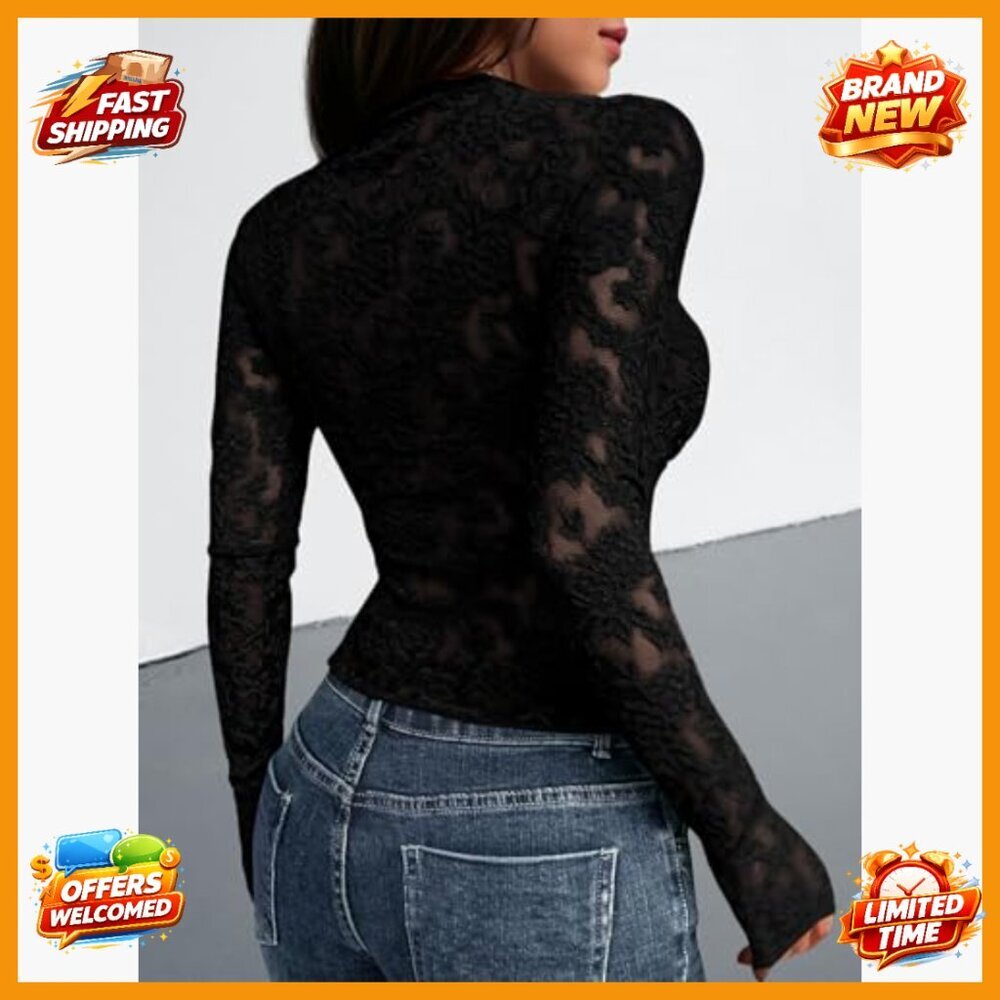 Mesh Long Sleeve Lace Top Sheer Slim Fit Crew Neck Party Club - Picture 3 of 7